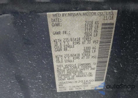 2018 Nissan Murano S z USA, uszkodzony, nr VIN 5N1AZ2MG5JN201650